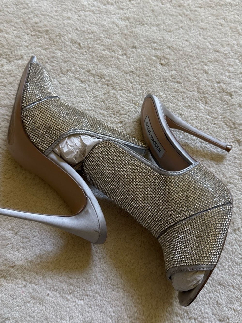 Steve Madden Silver Crystal Peep-Toe Stiletto Heels
